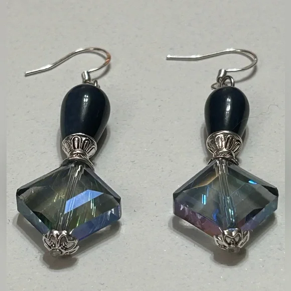 Elegant Silver and Iridescent Blue Dangle Earrings - Picture 4 of 11